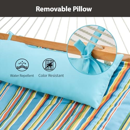 Outdoor Double Hammock with Hardwood Spreader Bars, Cotton Rope Hammock with Polyester Pad and Pillow, 475 LBS Capacity 2 Person Hammock, Large Hammock for Patio Backyard Poolside - Bule Stripe