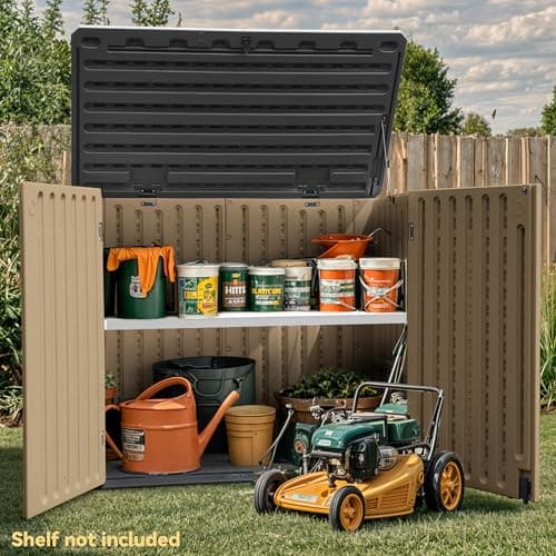 DWVO 35 Cuft Outdoor Horizontal Storage, Waterproof Resin Storage Shed with Floor and Multiple Accesses for Garden Tools, Easy Assembly, Brown (No Shelf Included)