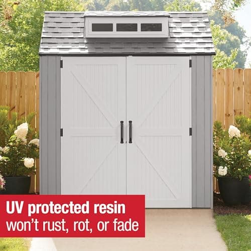 Rubbermaid Resin Outdoor Storage Shed With Floor (7 x 7 Ft), Weather Resistant, Gray, Organization for Home/Backyard/Garden Tools/Lawn Mower/Bike Storage/Pool Supplies
