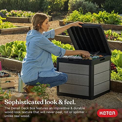 Keter Denali 30 Gallon Resin Outdoor Storage Box and Patio Storage Box Side Table for Pool and Garden Accessories, Grey & Black