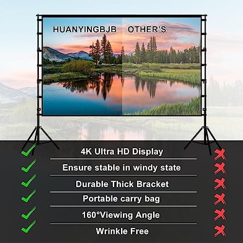 150"-Projector-Screen-with-Stand,HUANYINGBJB Outdoor Projection Screen, Portable 16:9 4K HD Rear Front Movie Screen with Carry Bag for Theater Backyard Movie Night,Cinema School, Churches, Parties