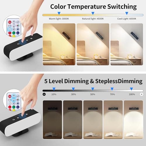 Wall Lights with Remote,Battery Operated Wall Sconce,3 Colors Temp & 9 RGB Ambient Sconce,Magnetic 360° Rotation Cordless Wall Mounted Lamps for Bedroom Bedside,Reading Bedside(Black)