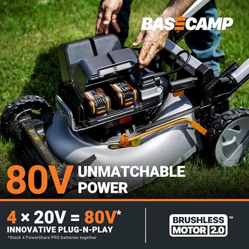 WORX Nitro 80V Cordless Lawn Mower, Electric Mower with Brushless Motor, 3-in-1 Self-Propelled Lawn Mower WG761-4 Batteries & Basecamp Charger Included