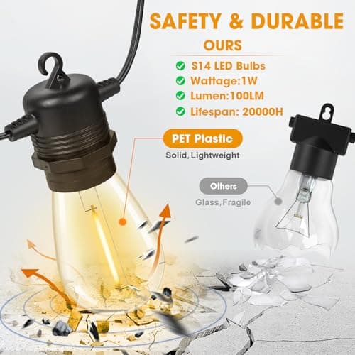 50FT LED Outdoor String Lights with 15+1 Vintage Shatterproof Waterproof S14 Bulbs, 2700K Commercial Grade Patio Light, Outside Hanging Lights for Garden Porch Deck Decor