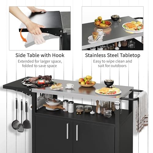 Shintenchi Outdoor Grill Cart Table with Stainless Steel Top for Kitchen Prep and BBQ, Outdoor Kitchen Island Table with Side Handle, Multifunctional Outdoor Grill Table, Black