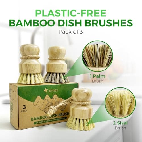 Bamboo Dish Brush Set of 3, 100% Plant-Based Kitchen Dish Brush Bamboo with Sisal and Coconut Bristles, 2 Brush Types, No Scratch Wood Sish Scrub Brush for Dishes, Quick-Drying, Odor Free