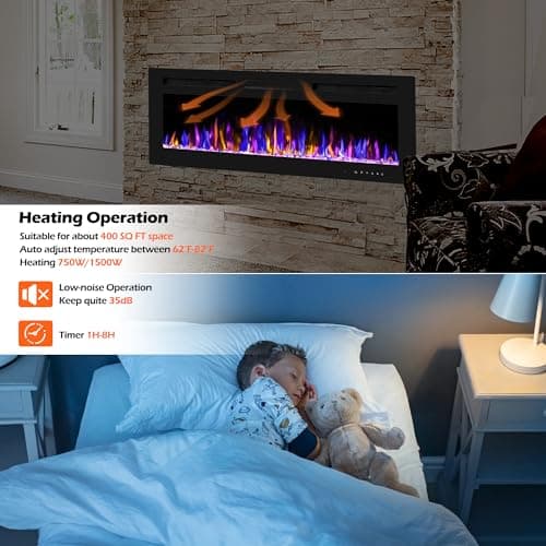 50" Electric Fireplace Wall Mounted and Recessed with Remote Control, 750/1500W Ultra-Thin Wall Fireplace Heater W/Timer Adjustable Flame Color and Brightness, Log Set & Crystal Options