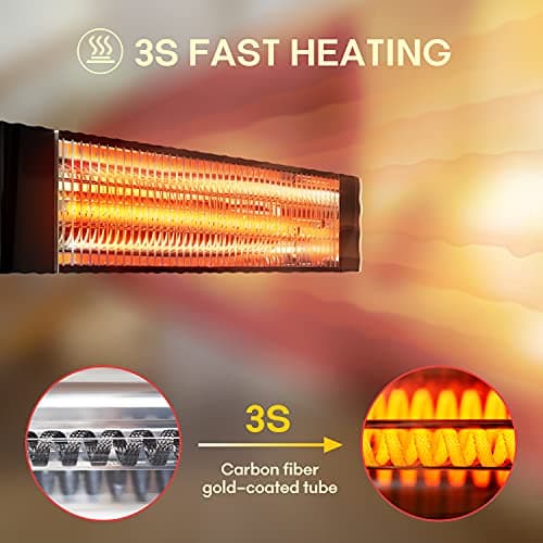 Electric Patio Heater with Remote Control - 1500W Carbon Infrared Outdoor Heaters for Patio, IP65 Waterproof, 2 Levels of Power - 120V Wall Mounted Space Heater for Bedrooms, Backyards, Garages, Black