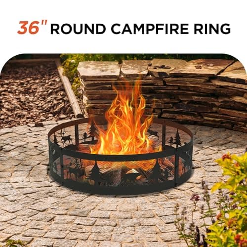 Red Mountain Valley 36 Inch Fire Pit Ring with 360° Forest & Wildlife Design, Portable Steel Wood Burning Firepit Ring for Outdoor Camping, Bonfires, Beach,Patio, fire Pit kit, Black