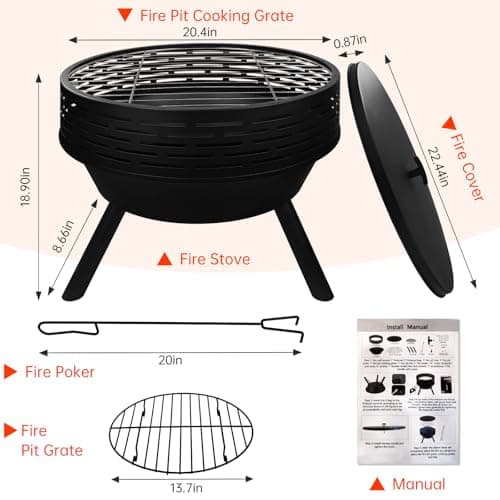 23 Inch Cast Iron Round Fire Pit with Grill, 3-in-1 Outdoor Fire Bowl, Fire Pit Table with Metal Lid and Fire Poker, Wood Burning Firepit for BBQ Bonfire Patio Picnic