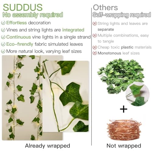 suddus Vine with Fairy Lights Battery Operated, 33ft 100 LED Ivy String Lights with Remote, Leaf Lights for Bedroom, Room, Wall, Garden, Party, Wedding Decor (Warm White)