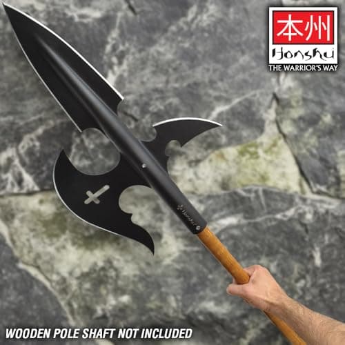 Honshu Halberd Spear | High Carbon Steel | Black Oxide Coating | Cross Cut-Out Accent | Length 19 3/5”