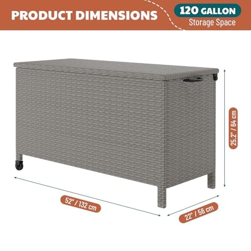 120 Gallon Outdoor Storage Box, Waterproof PE Rattan Deck Box With Wheels, Large Storage Bench for Patio Cushions, Tools, Pool Supplies, Grey