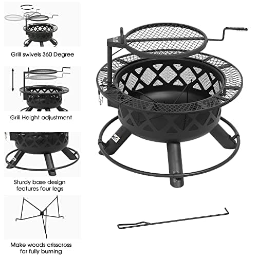 BALI OUTDOORS Fire Pit with Poker, 32 inch Outdoor Fire Pit Patio, Wood Burning Firepits for Outside with Grill