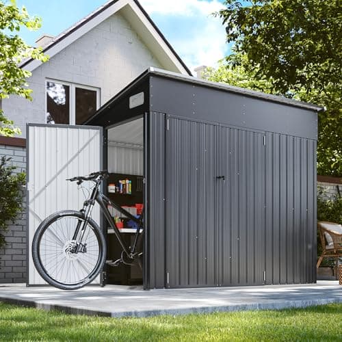 194 cu.ft Shed 7.3x5.3 Ft Premium Galvanized Steel Storage Sheds with Triple Doors Weatherproof Outdoor Utility Sheds, Dual Lock Lean to Shed for Mower, Bike, Generator, Garden Tools (Black)