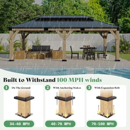 AMERLIFE 12x20 ft Hardtop Gazebo, Solid Wood Gazebo with Iron Double Roof, Outdoor Pergola with Wood Frame for Garden, Porch, Patio, Charcoal Gray + Brown Gray
