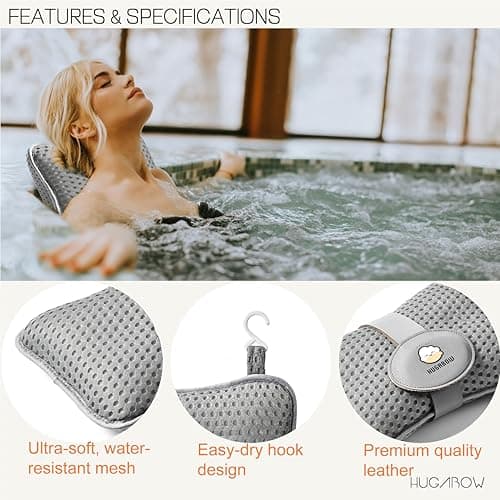 2-Pack Large Pillow for Hot Tub (Grey), Spa, and Chaise Lounge - Universal Headrest & Neck Support Cushion, Adjustable Height with Long Strap, Easy Drying with Hook (2-Pack)