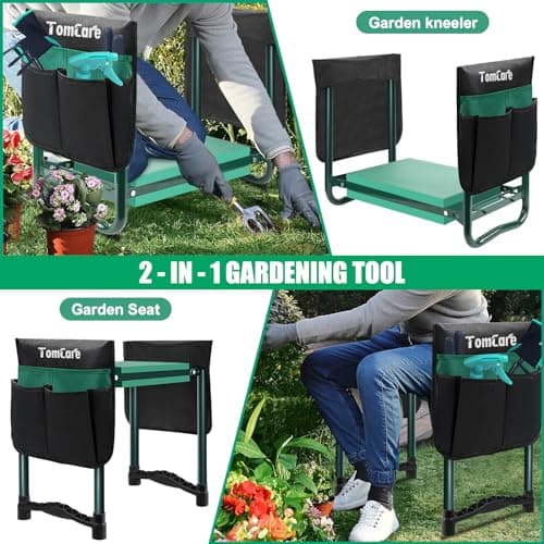 TomCare Garden Kneeler and Seat 10.64” Wider Larger Soft Kneeling Pad Garden Bench with 2 Large Tool Pouches Heavy Duty Garden Stool Foldable Tools Gardening Gifts for Women Men Gardeners