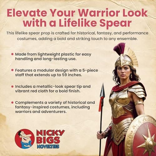 Nicky Bigs Novelties - Adult Plastic Spartan Spear, Roman Replica, Viking Spear Costume, Native American Weapons Roman Gladiator Woman and Men Spartan Halloween Costume