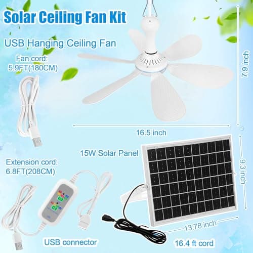 Solar Ceiling Fan Kit 16.5'', 15w Monocrystalline Solar Panel USB Hanging Ceiling Fan with Remote Control Timing Small Panel Kit for Patio Camping Tent Chicken Coop Greenhouse Shed