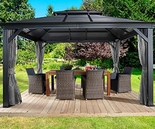 Sojag 10' x 12' Mykonos Double Roof Hardtop Gazebo Outdoor Weather-Resistant Aluminum Frame Sun Shelter Dark Grey