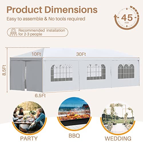 Greesum 10x30 Outdoor Canopy Tent, Patio Gazebo, for Party Wedding BBQ Events with 8 Side Removable Walls, Waterproof Canopies, White
