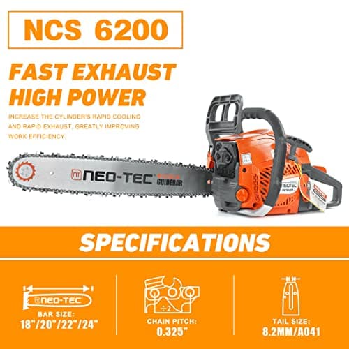 NEOTEC 20 Inch Chainsaw, 62CC Power Chain Saws Gas Powered 2 Stroke Handed Petrol Gasoline Chain Saw for Cutting Wood Outdoor Garden Farm Home