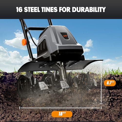 18 Inch 15 Amp Electric Tiller Cultivator, 24 Steel Tines for Gardening, Corded & High Power Garden Roto Tiller, 8.7'' Tilling Depth, 4-Adjustable Wheels, Foldable Handle, for Lawn Yard, Gray