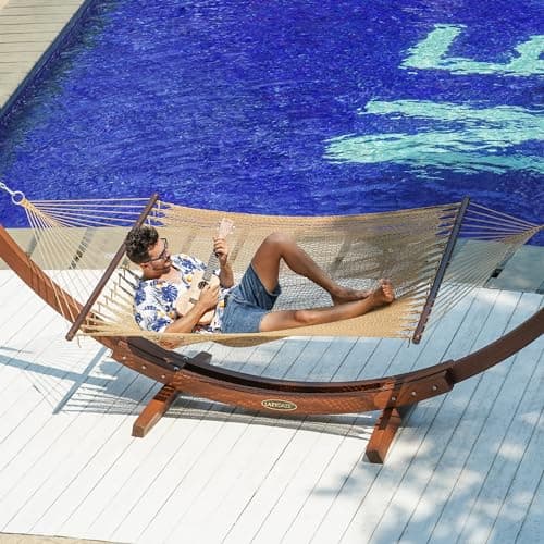 Lazy Daze Hammocks 10.5 FT Double 2 Person Caribbean Rope Hammock, Hand Woven Polyester Hammock with Spreader Bars, for Outside Outdoor Backyard Patio Poolside,450 LBS Capacity, Tan