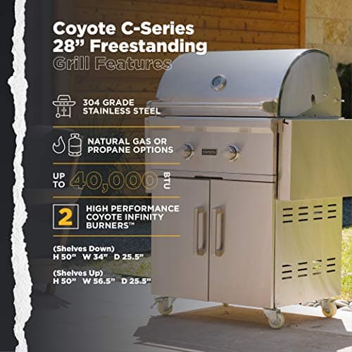 Coyote Outdoor Kitchen Grill | 28- inch Freestanding Natural Gas Grill | 2 Burner Barbecue | Premium BBQ | Great For Outdoor Kitchens | Top-Tier Warranty | C-Series C1C28NG-FS