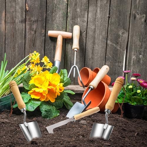 Lasnten 5 Pcs Dibber Garden Tool Set, Heavy Duty Seed Planter Gardening Tools with Hand Dibber, Hand Crack Weeder, Transplanter, Big Trowel, 3-Claw Cultivator for Planting Flowers, Gardening Gifts