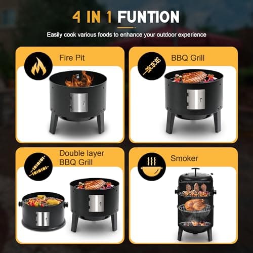 BIG HORN OUTDOORS 16 inch Charcoal Smoker, Vertical BBQ Grill, Heavy Duty 4 In 1 Fire Pit with Built-in Thermometer & Adjustable Vent System for Backyard Patio Camping