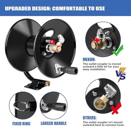 Heavy Duty Power Washer Hose Reel - 50ftx3/8' / 65ftx1/4', M22-14 Fitting, Wall/Trailer/Van Mount, Manual Crank