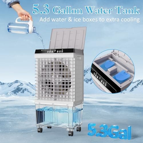 Evaporative Air Cooler, LifePlus 1800CFM Cooling Fan Tower Fan Swamp Cooler with Remote Control, 3 Speed Wind 5.3 Gallon Water Tank 4 Ice Boxes 12H Timer for Room Commercial Office