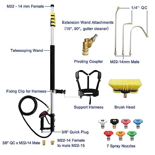 JANZ 24 FT Pressure Washer Telescoping Wand with Power Washer Extension Wands, Brush Head, Gutter Cleaner, 7 Spray Nozzle Tips, 2 Hose Adapters and Support Belt TW-004