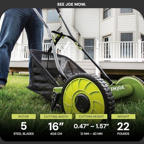 Sun Joe MJ500M 16-Inch Manual Reel Mower w/Adjustable Cutting Height, 6.6-Gallon Removable Grass Catcher, 5 Steel Blades, 2-Wheels