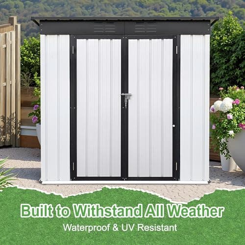 6×4Ft Outdoor Storage Shed Metal Storage Shed with Flat Roof, Weatherproof Heavy Duty Tool Shed for Backyard & Garden Equipment, Black-White