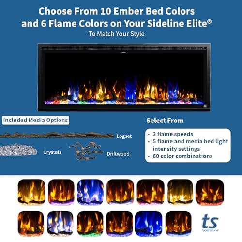 Touchstone 80049 - Indoor/Outdoor Sideline Elite Smart WiFi-Enabled Electric Fireplace - 60" Wide - in-Wall Recessed or Wall Mount - Realistic 6 Color Flame - No Heat - Log & Crystal