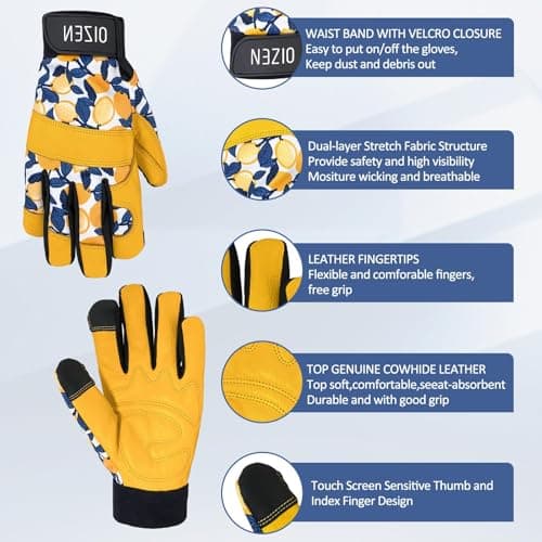 Cowhide Leather Thorn Proof & Puncture Resistant Gardening Gloves for Women and Men, Touchscreen Compatible Working Gloves for Weeding, Digging, Planting, Gardening Gifts for Women, Size Medium