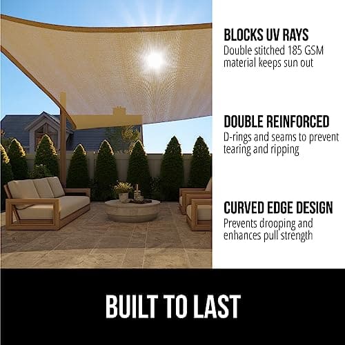 GORILLA GRIP Heavy Duty Sun Shade, UV Protection Fade Tear and Rust Resistant Rectangle Sunshade Canopy, Curved Edges Blocks Sunlight, Breathable Sail, Outdoor Patio, Lawn Garden 12x16 FT Sand