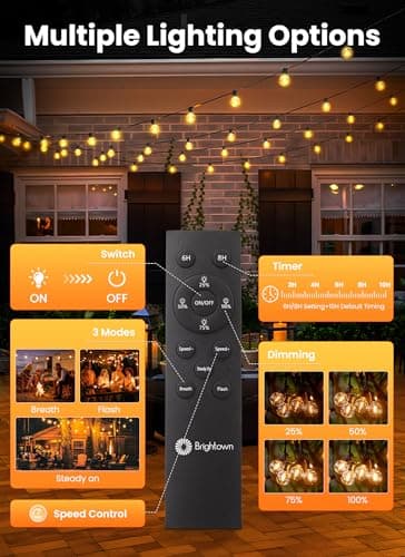 Brightown 108FT Solar String Lights Outdoor with Remote and 52 LED Shatterproof Bulbs, Dimmable & Timable, 3 Light Modes, Solar Patio String Lights Outdoor for Cafe, Garden, Deck, Outside Wedding