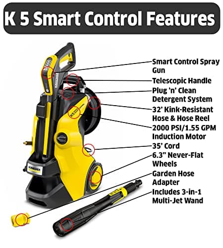 Kärcher Pressure Washer, K5 Premium Smart Control, Max 2500 PSI, Smart Control Gun & 3-in-1 Multi Jet Spray Wand - 1.55 GPM