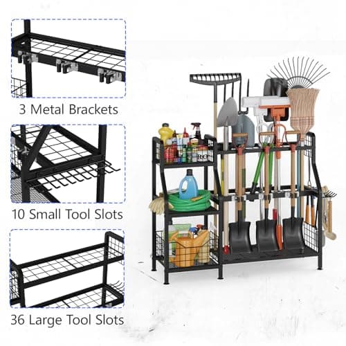 keomaisyto Garden Tool Organizer for Garage/Shed, 3 Tier Garage Tool Organizer and Storage Holder with Hooks, Large Garden Tools Tower Rack with Storage Basket for Shed/Yard/Lawn