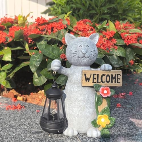 Solar Cat Statue Outdoor Decor-9.4" Welcome Garden Sculpture with Solar Lantern &3D Flowers,Weatherproof Resin Yard Art for Patio, Lawn,Yard Outside,Birthday Gifts for Mom,Grandma,Cat Lovers