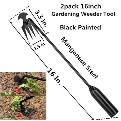 Aimery Weed Puller Tool Garden Weed Pulling Tool,Portable Uprooting Weeding Tool,4 Teeth Manganese Steel Forged Hand Weeder for Vegetable Gardening（2pack 16in.）