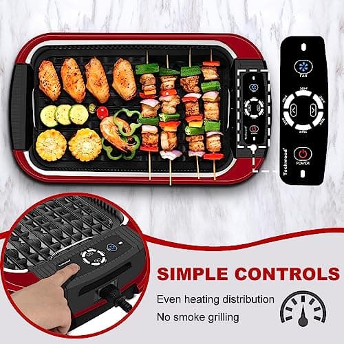 Indoor Smokeless Grill, Techwood 1500W Electric Indoor Grill with Tempered Glass Lid, Portable Non-stick BBQ Korean Grill, Turbo Smoke Extractor Technology, Drip Tray& Double Removable Plate, Red