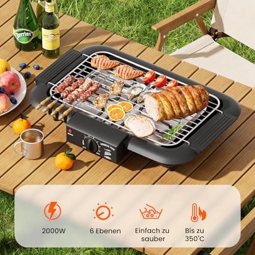 Electric BBQ Grill, Smokeless Non-Stick Indoor/Outdoor Barbecue Grill, 2000W Double tube High Power Portable Removable Stand Grill for BBQ Party (Elegant Black)