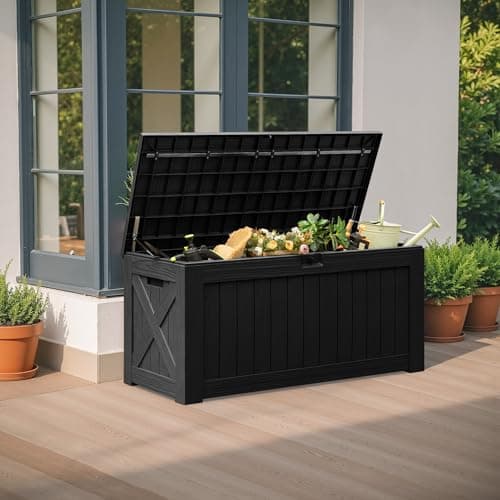 Flamaker Resin Deck Box 120 Gallon Waterproof Large Deck Boxes Plus Outdoor Indoor Storage Box Imitation Wood Resin for Patio Furniture Garden Tools and Pool (Black)