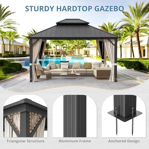 LUE BONA 12'x14' Hardtop Gazebos, Aluminum Frame Permanent Pavilion with Curtains and Netting, Double Galvanized Steel Roof Gazebo Outdoor, Metal Gazebo Canopy for Garden, Lawns, Patio, Black
