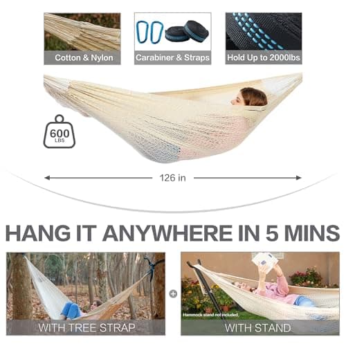 PNAEUT Mayan Hammock, Handwoven XL Thick Soft Rope Hammocks for Outdoor Indoor, Max 600 lbs Capacity, Tree Straps & Carabiners Included (Nature)